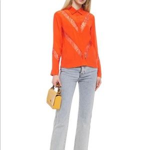 Maje Women's Orange Chimer Lace-trimmed Silk-crepe Shirt